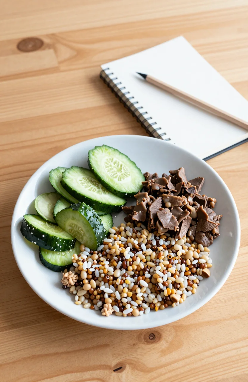 Assiette equilibree et carnet de suivi alimentaire sur une table claire