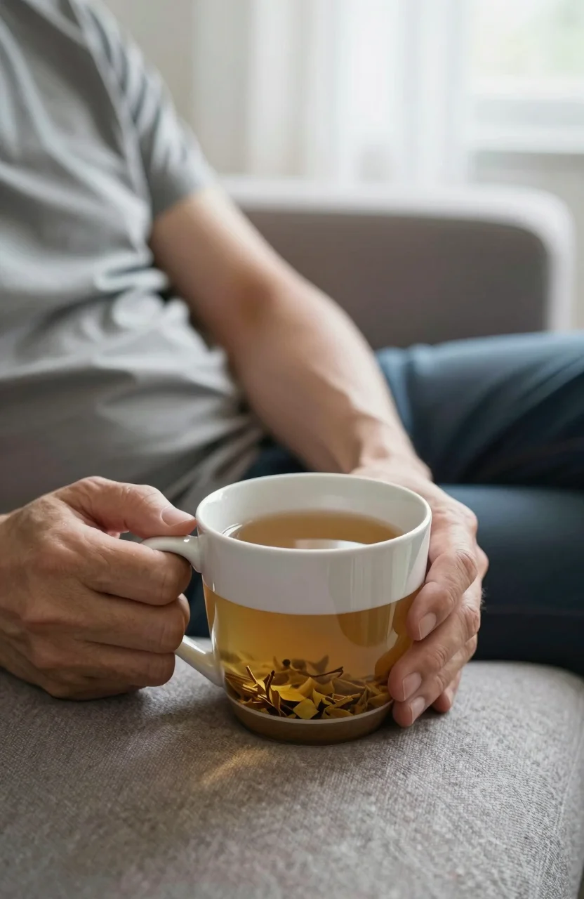 Personne au repos avec une tasse de tisane, évocation d'une toux bronchique
