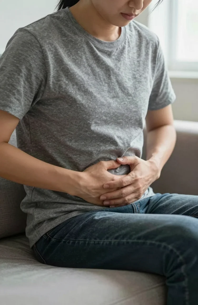 Personne tenant son ventre avec gene digestive, photo realiste interieur