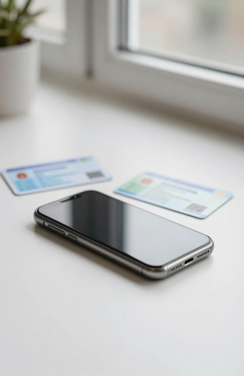 Telephone portable pose sur un bureau a cote d une carte Vitale floue