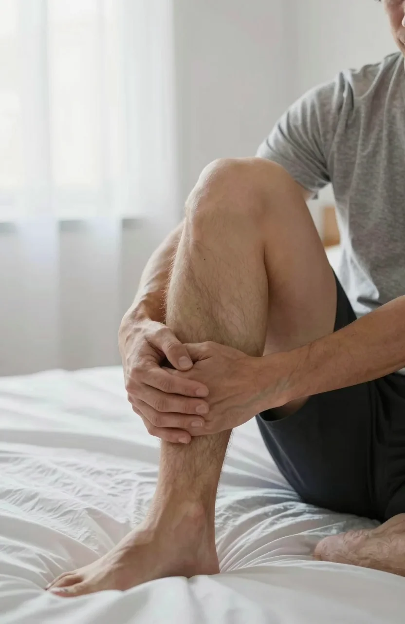 Personne étirant son mollet au bord du lit dans une chambre claire