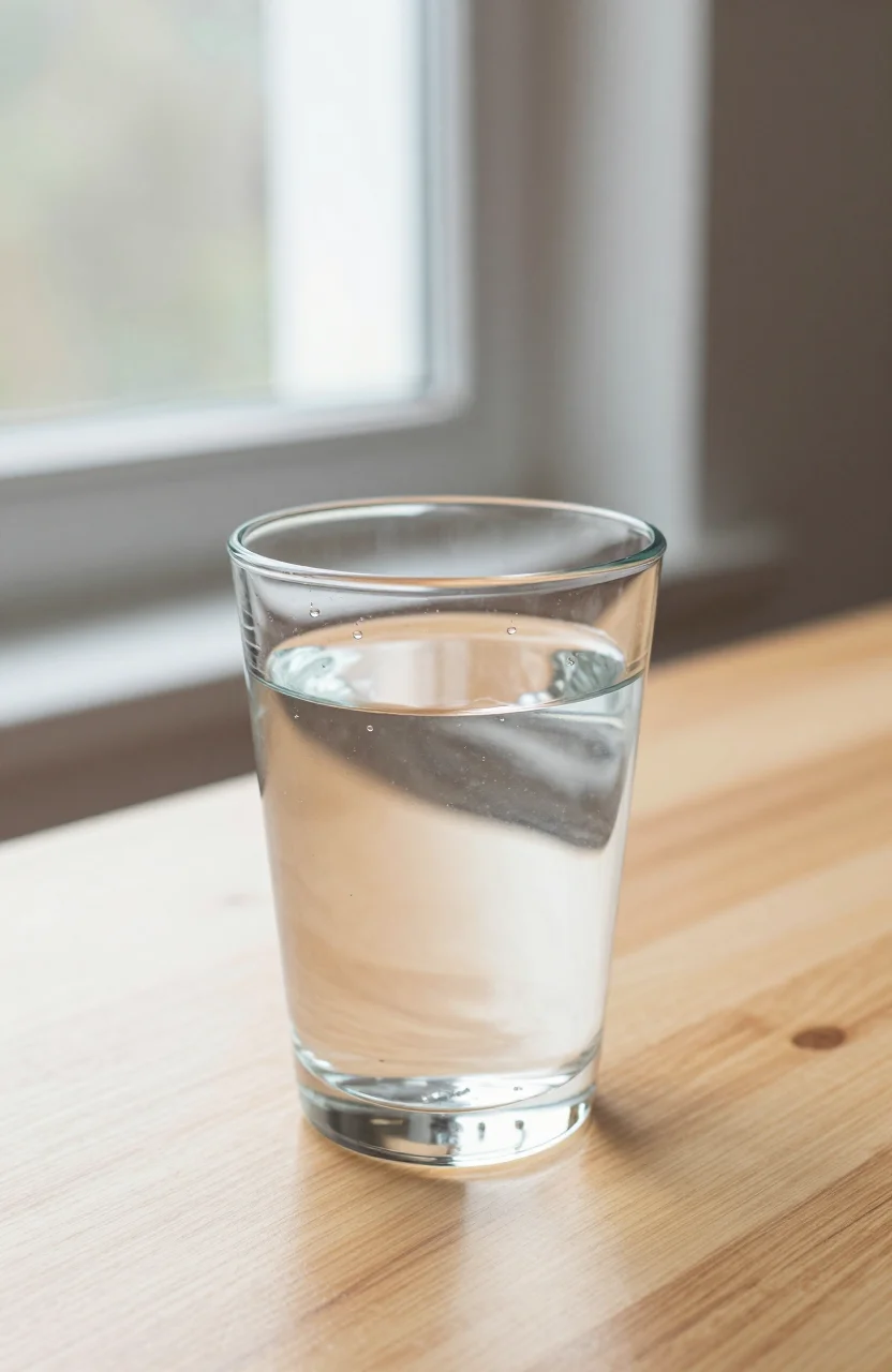 Verre d'eau fraîche sur une table claire près d'une fenêtre