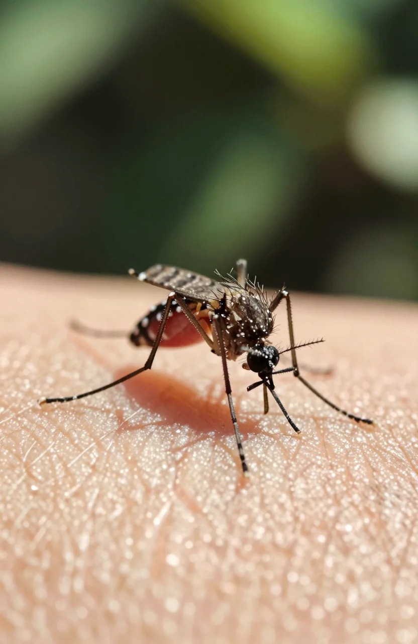 Moustique sur peau humaine en exterieur tropical, photo realiste