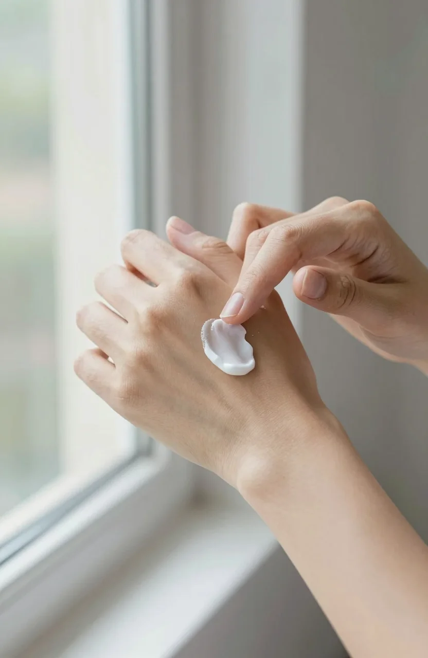 Mains d'adulte appliquant une crème hydratante sur l'avant-bras en lumière naturelle