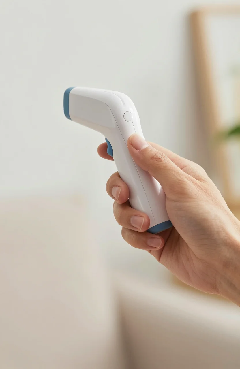 Adulte mesurant sa température avec un thermomètre frontal à la maison