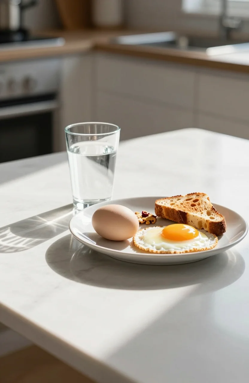 Petit-déjeuner simple et verre d'eau près d'une fenêtre le matin