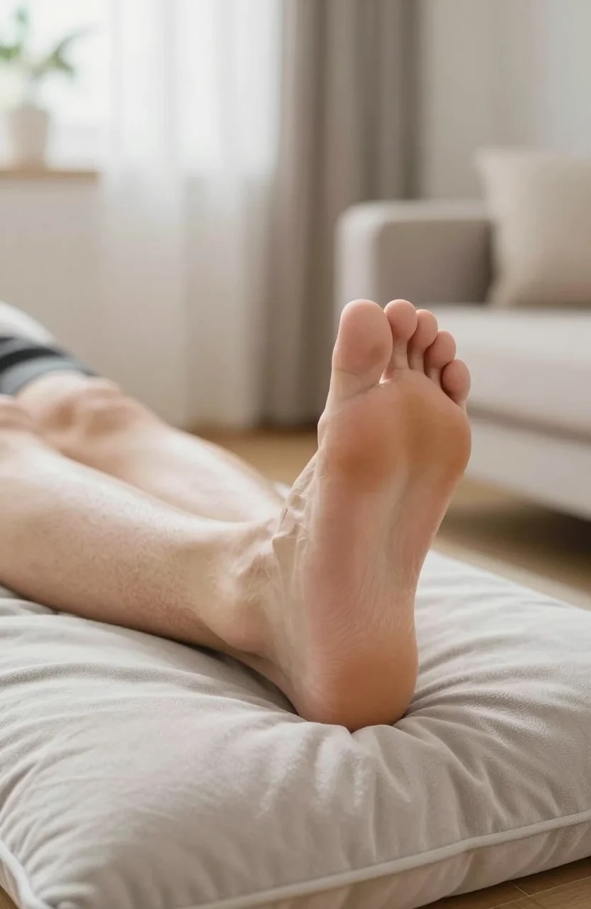 Pied au repos sur un coussin dans un salon lumineux