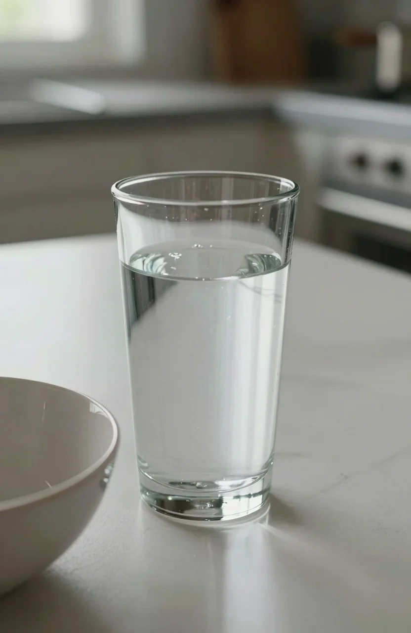 Verre d'eau et bol simple sur une table claire, ambiance de convalescence digestive