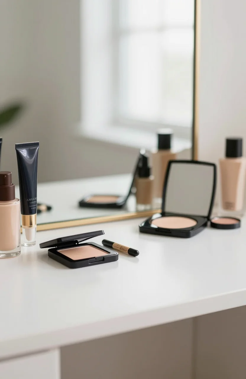 Coiffeuse avec produits de maquillage en lumière naturelle
