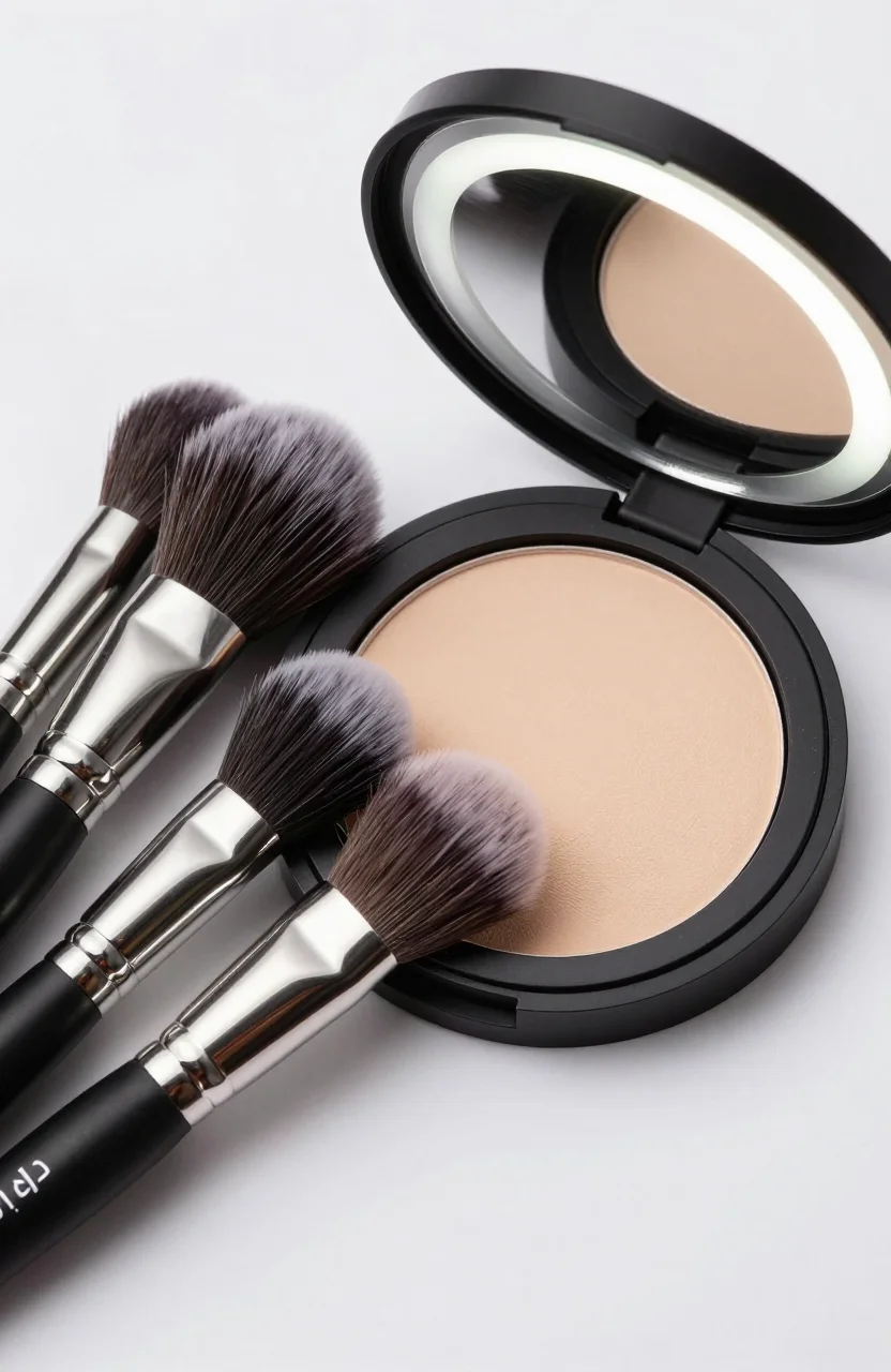 Pinceaux et poudre de maquillage sur une coiffeuse
