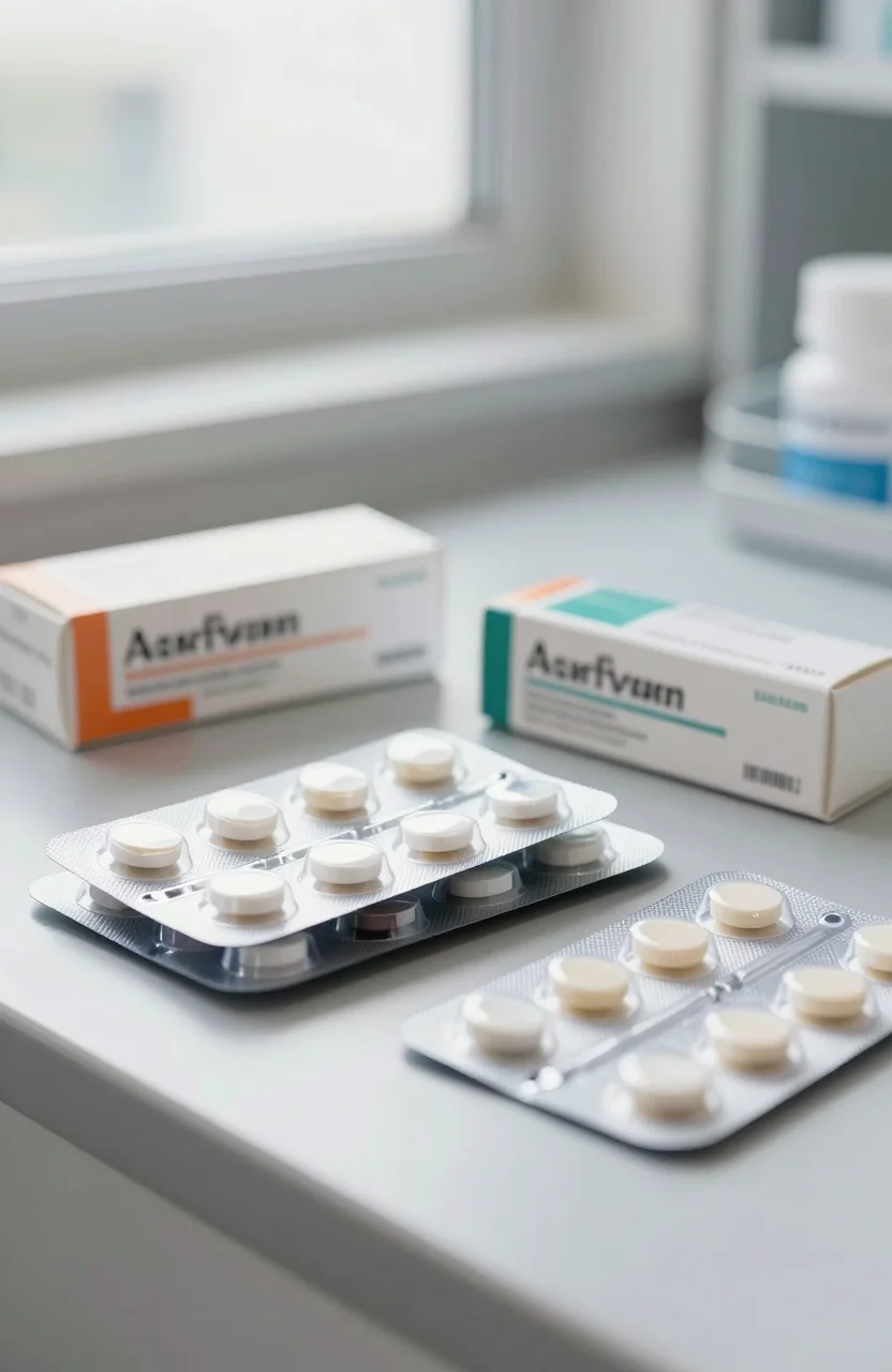 Boites de medicaments alignees sur un comptoir de pharmacie