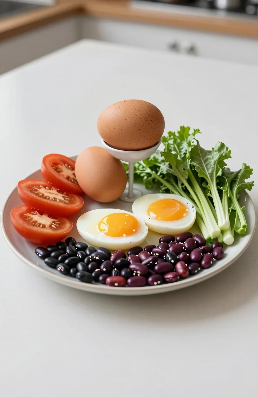 Assiette avec œufs, légumineuses et légumes frais