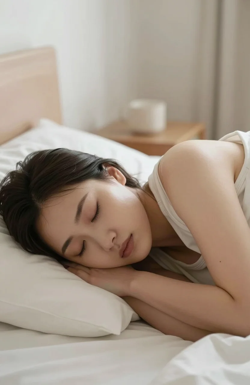 Adulte dormant sur le côté dans une chambre aérée, lumière douce du matin