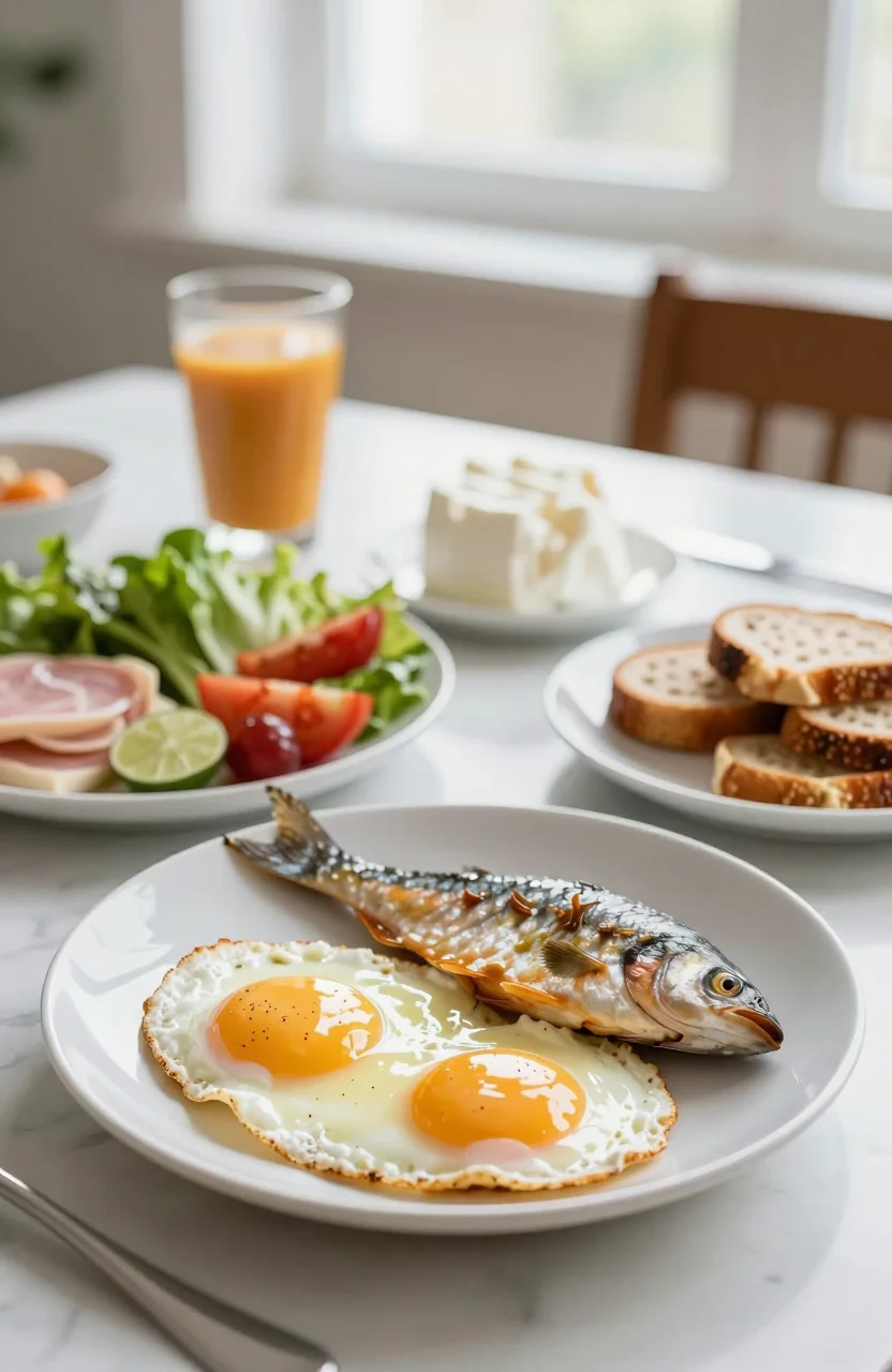 Assiette riche en aliments sources de B12 sur une table claire