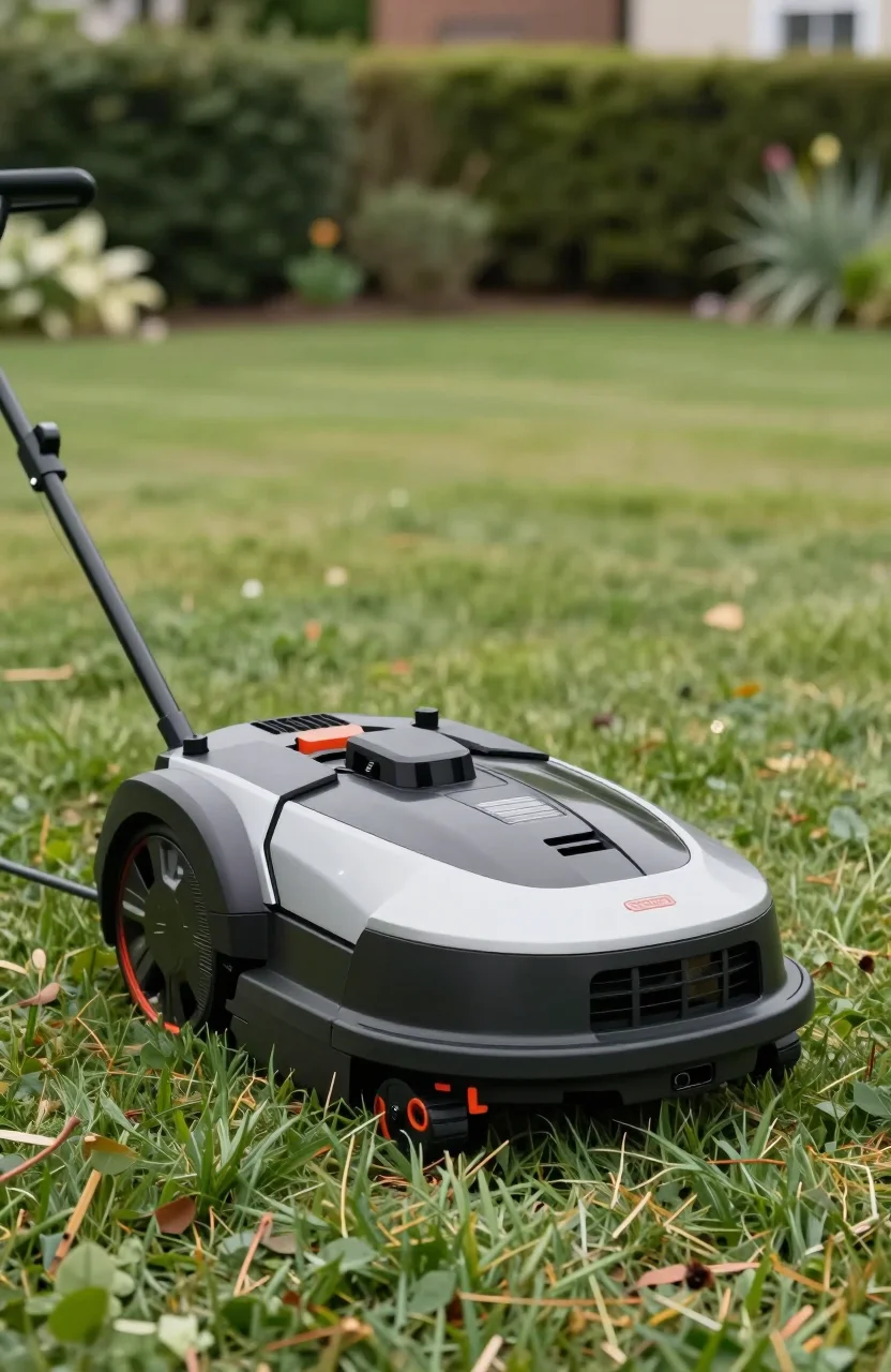 Robot tondeuse sans fil sur une pelouse de jardin résidentiel