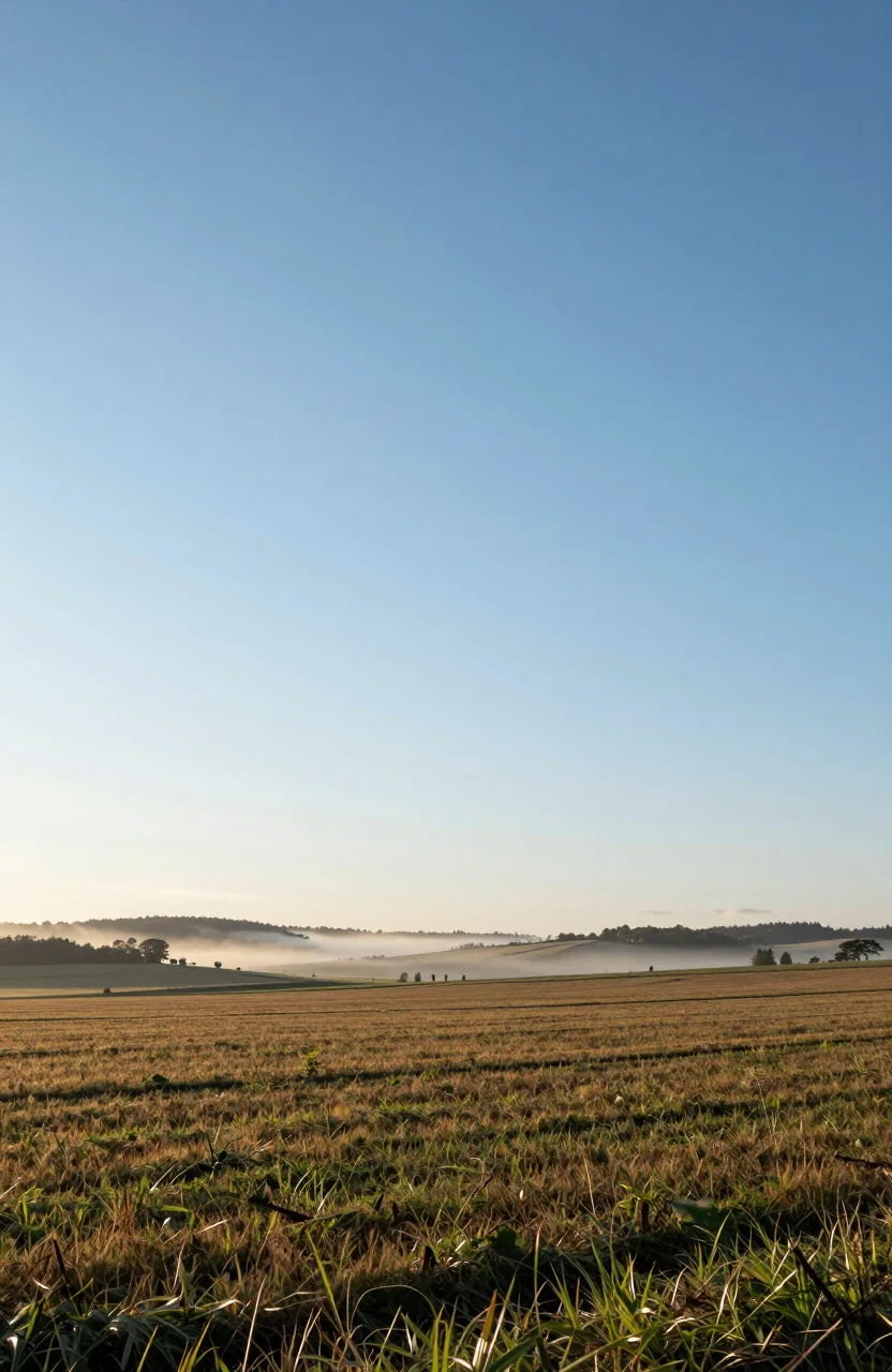 Ciel bleu clair au-dessus d'un paysage rural calme au petit matin