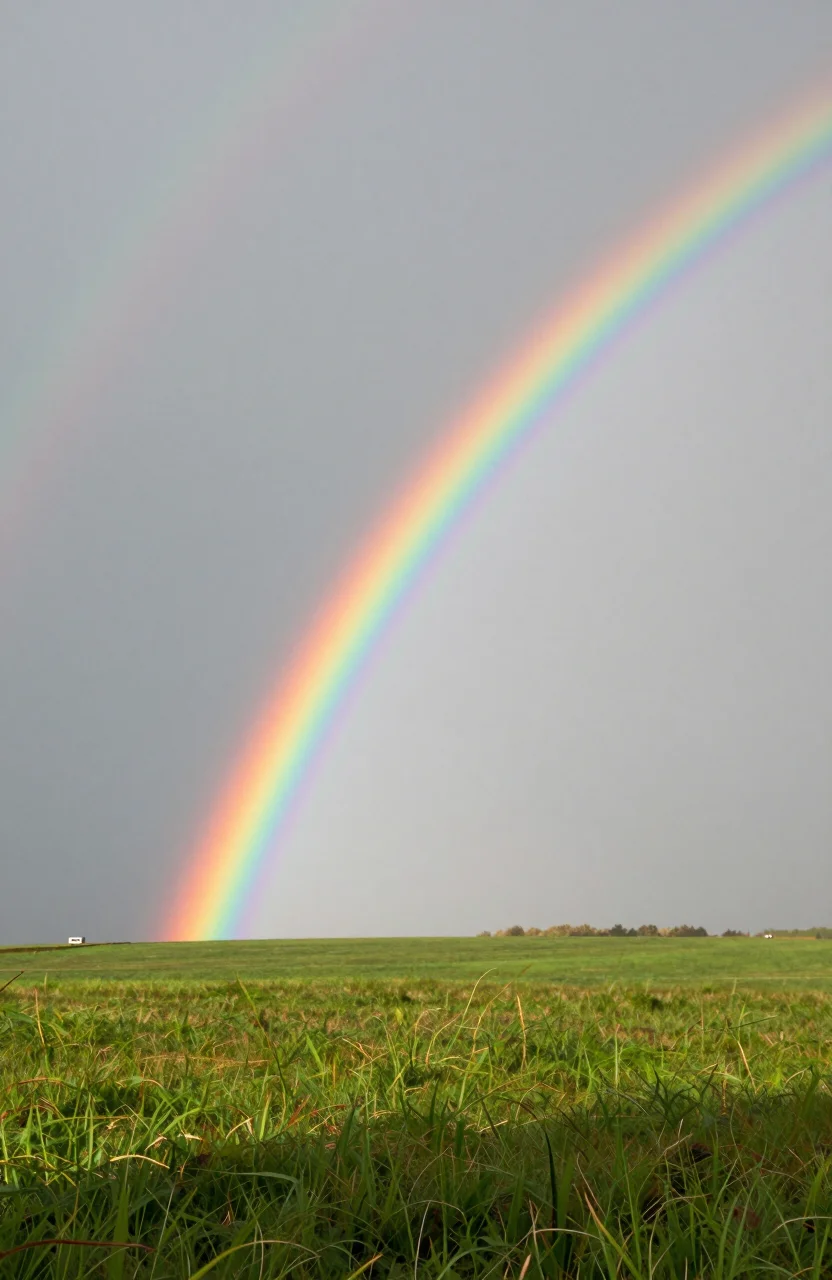 Arc-en-ciel colore au-dessus d'un paysage rural apres une averse