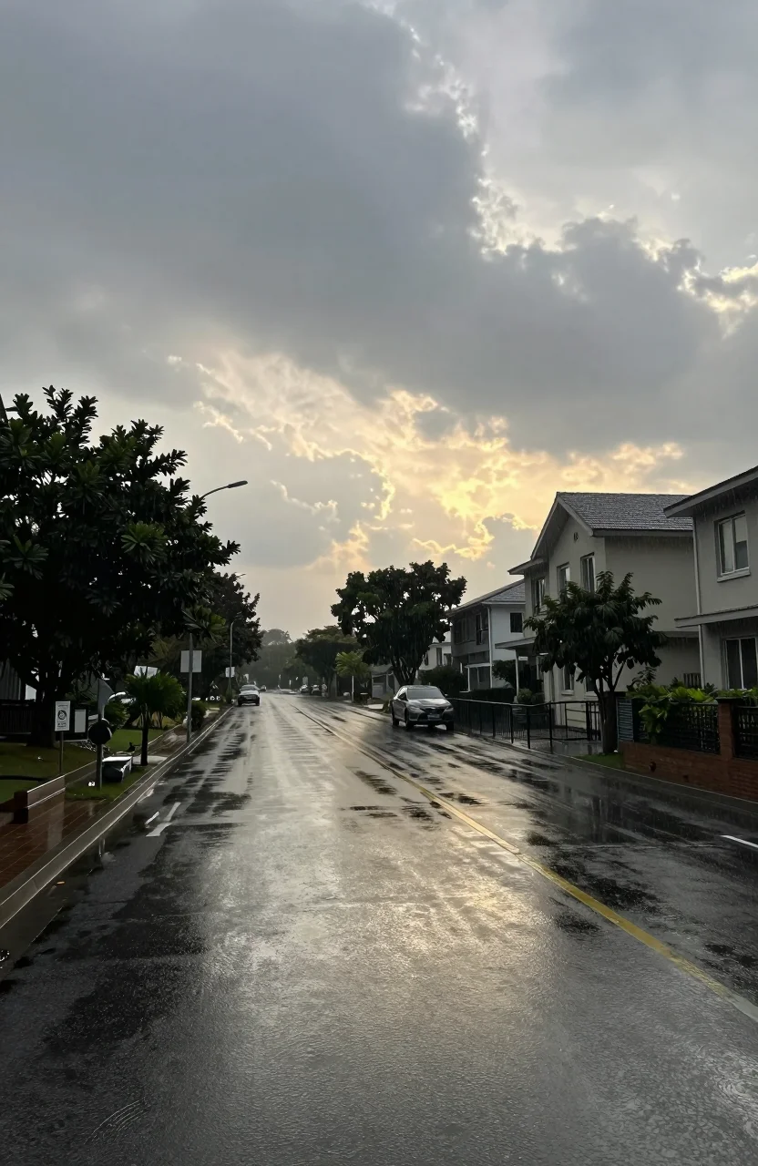 Averse locale sous un éclairage d'après-midi sur une rue mouillée