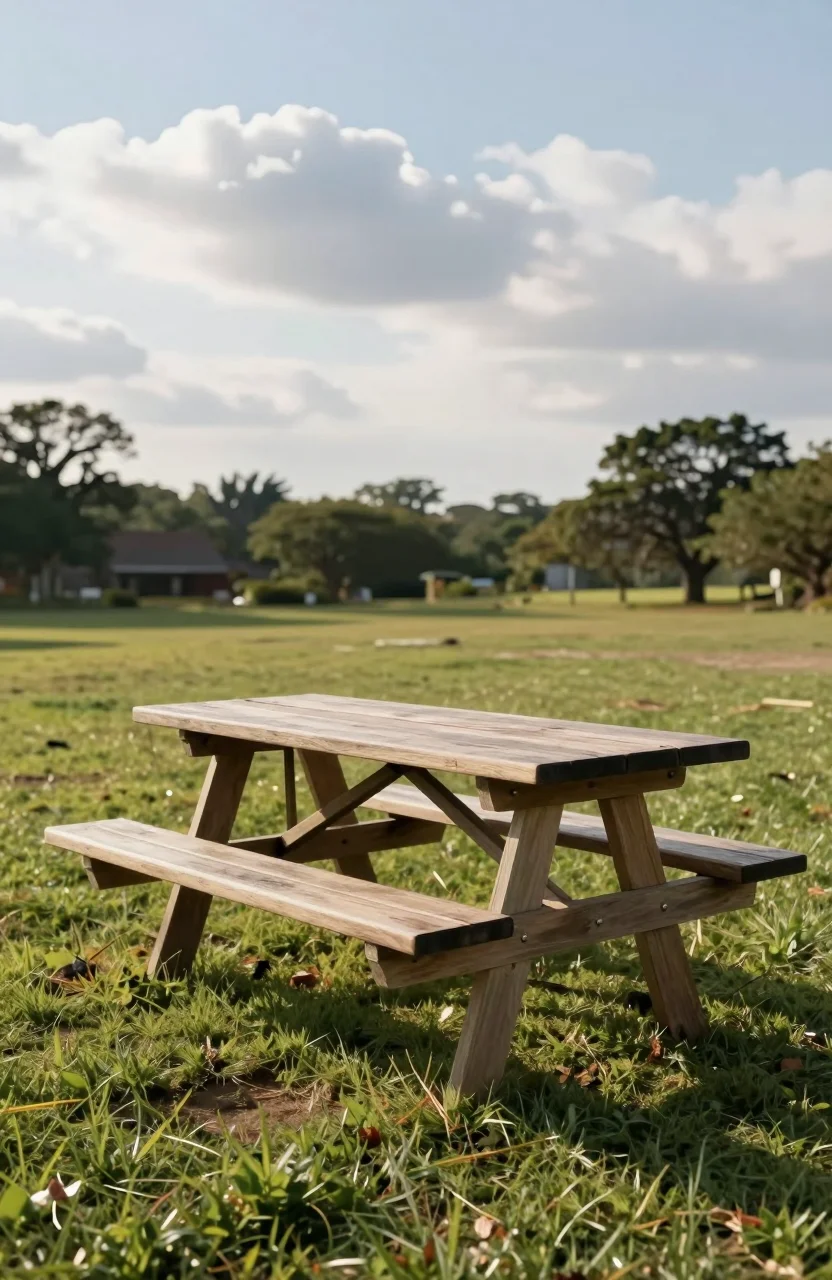 Table de picnic en extérieur sous un ciel partiellement nuageux en fin d’après-midi
