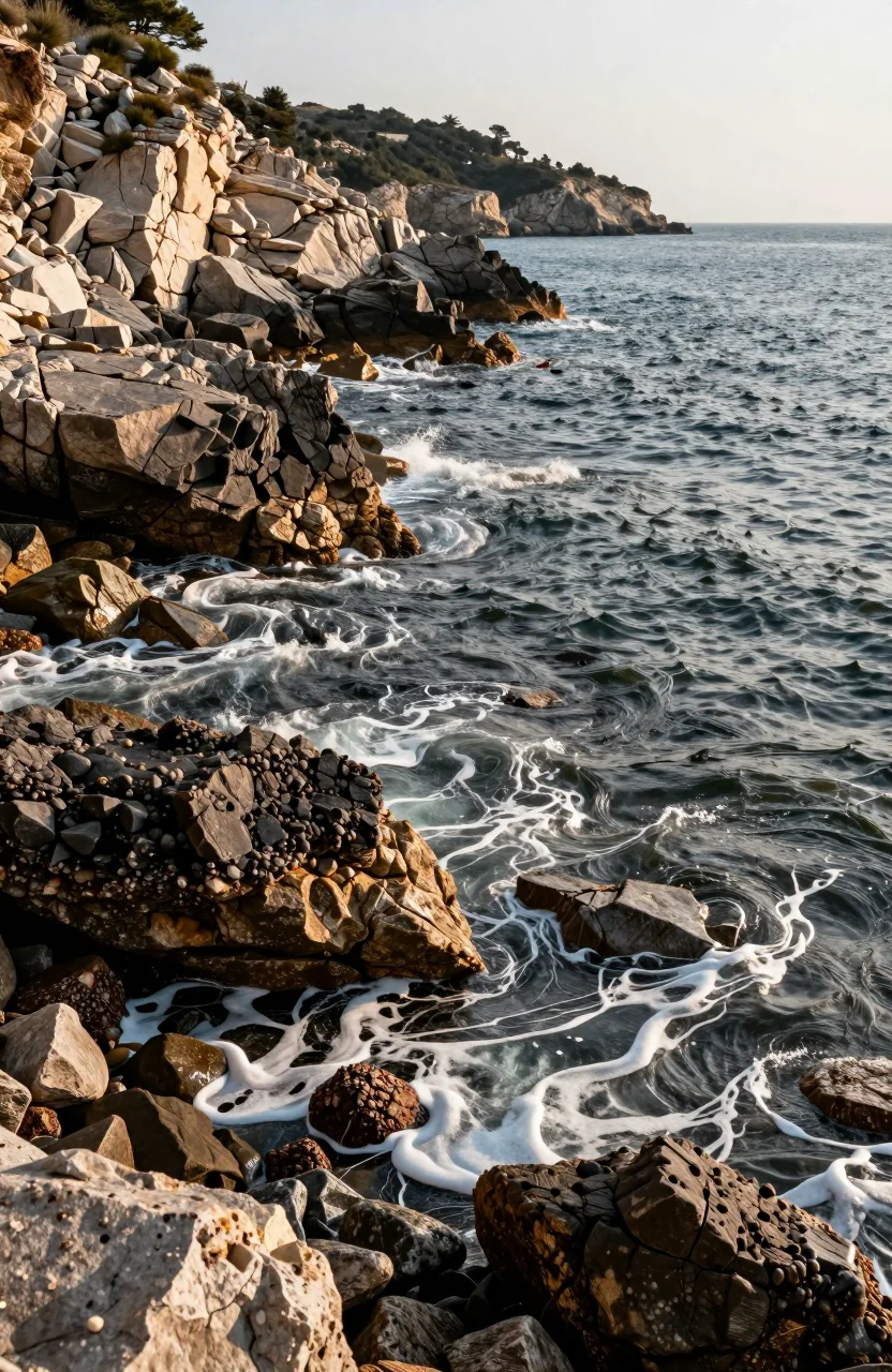 Cote rocheuse avec vent de mer et vagues legeres par temps clair