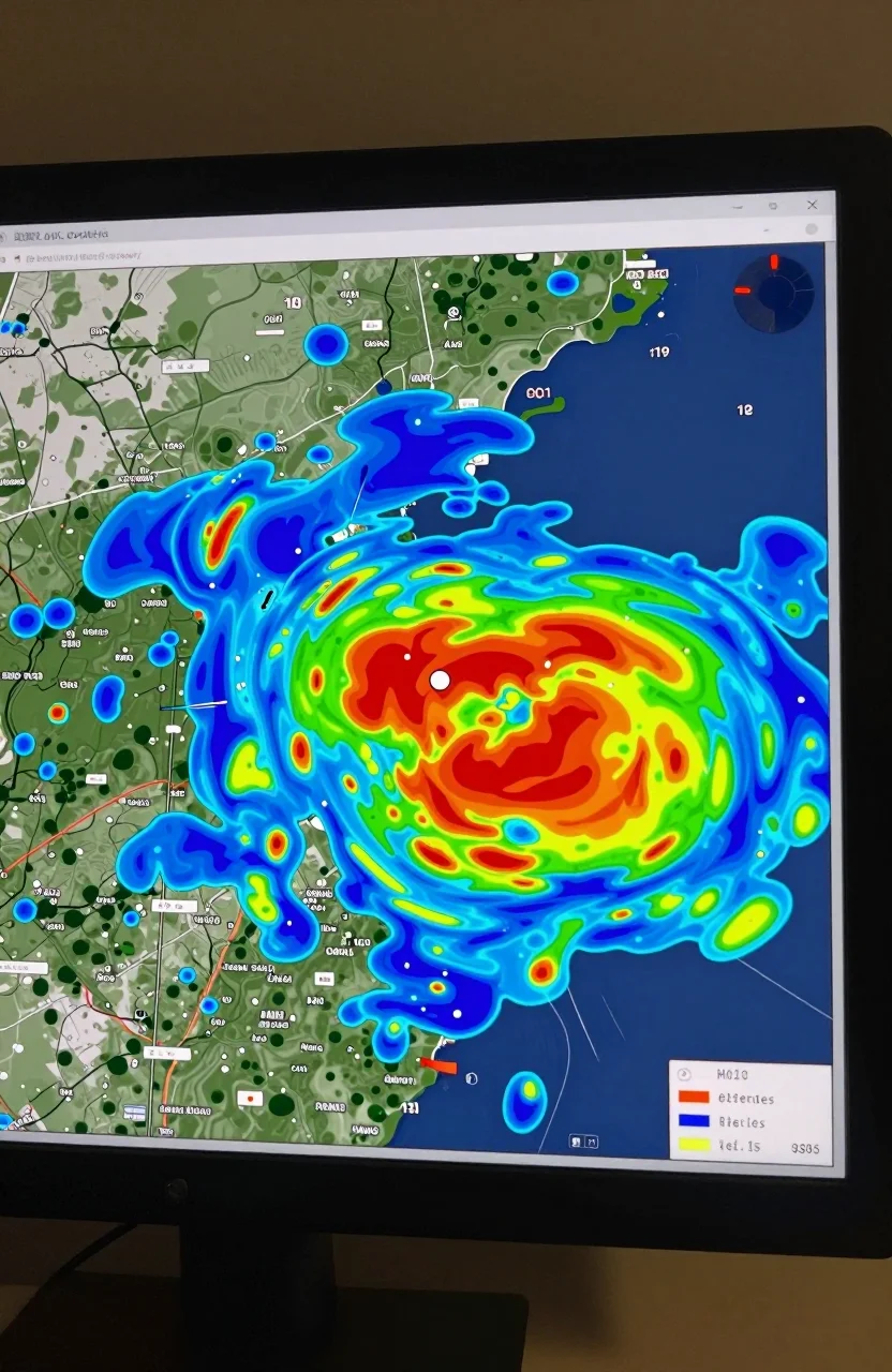 Radar météo avec cellules de pluie colorées sur une carte régionale