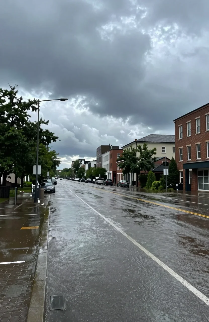 Rue urbaine inondée après une averse intense sous un ciel orageux