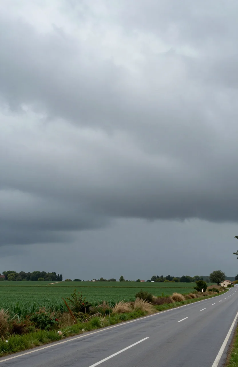 Ciel bas et nuages gris sur une plaine sous une depression