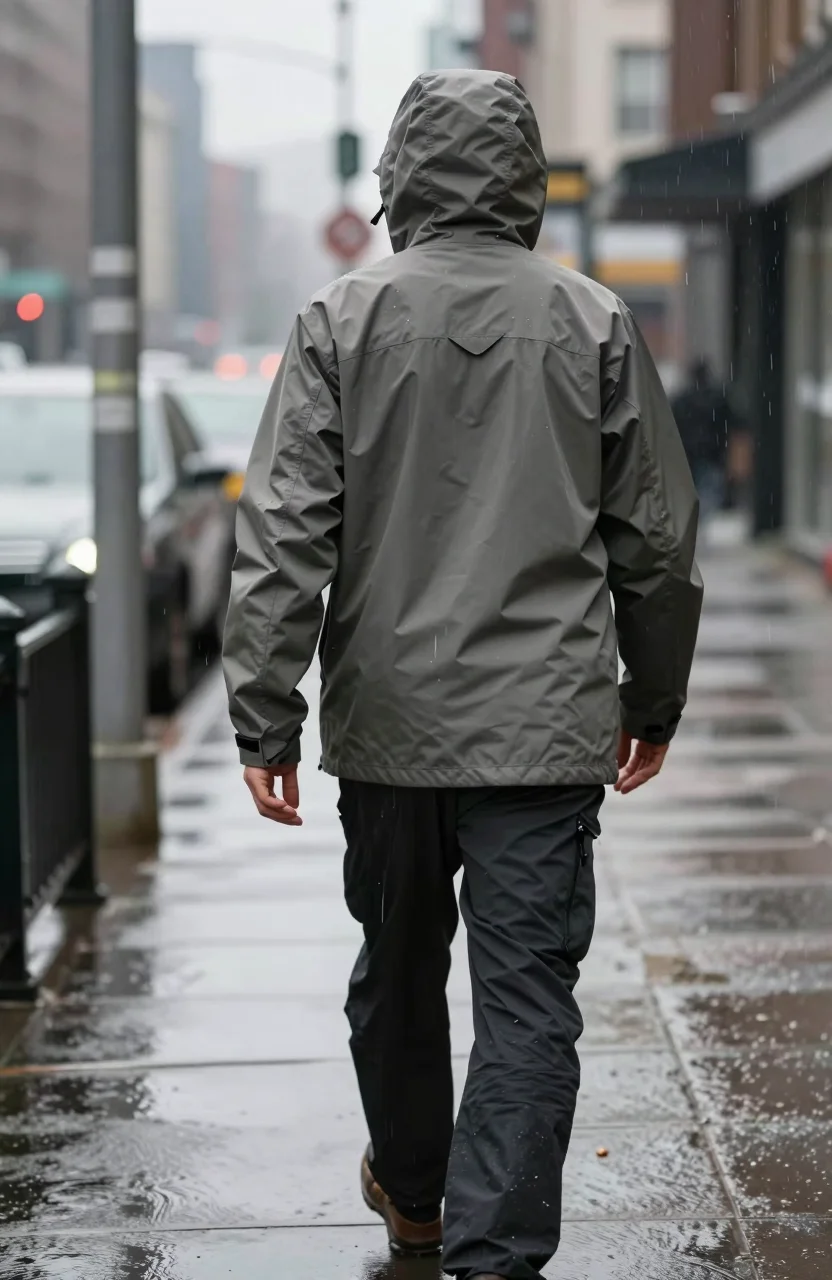 Personne en veste imperméable sous une averse ventée en ville