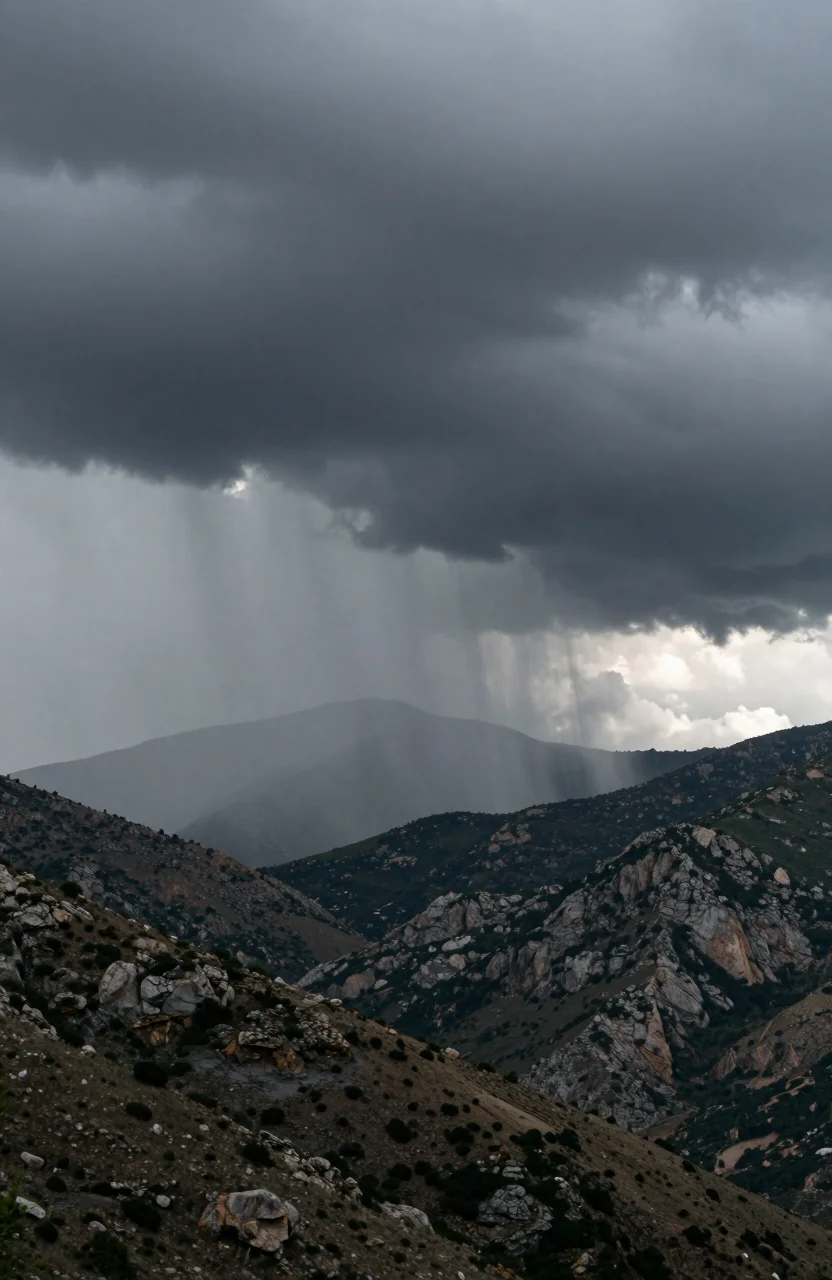 Ciel lourd et sombres nuages d'orage au-dessus d'un relief cévenol