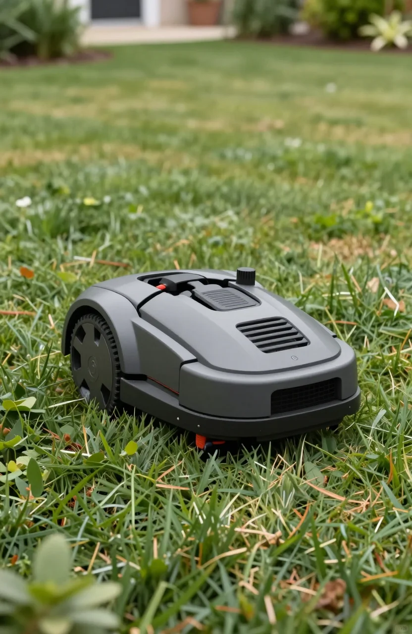 Robot tondeuse sur une pelouse résidentielle par temps clair