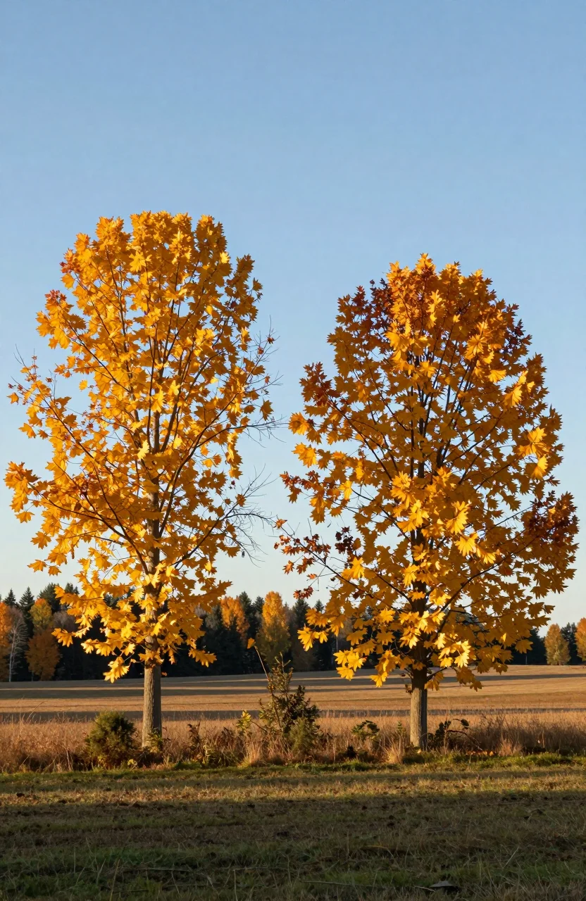 Paysage automnal ensoleillé avec arbres dorés sous un ciel bleu clair