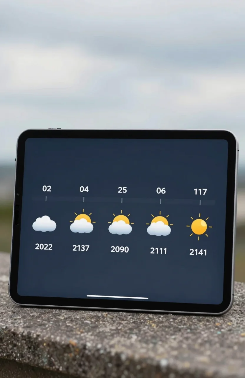 Timeline horaire météo avec températures et symboles de pluie