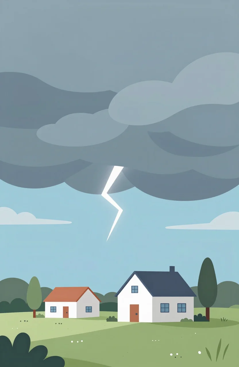 Illustration claire d'un orage avec éclair au-dessus d'une maison et d'un paysage ouvert