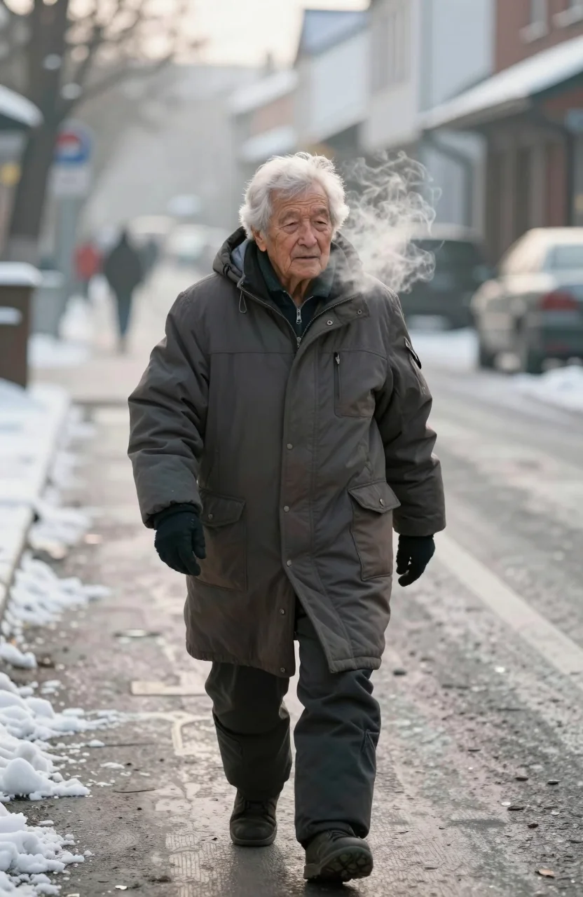Personne âgée emmitouflée marchant dans une rue hivernale ensoleillée