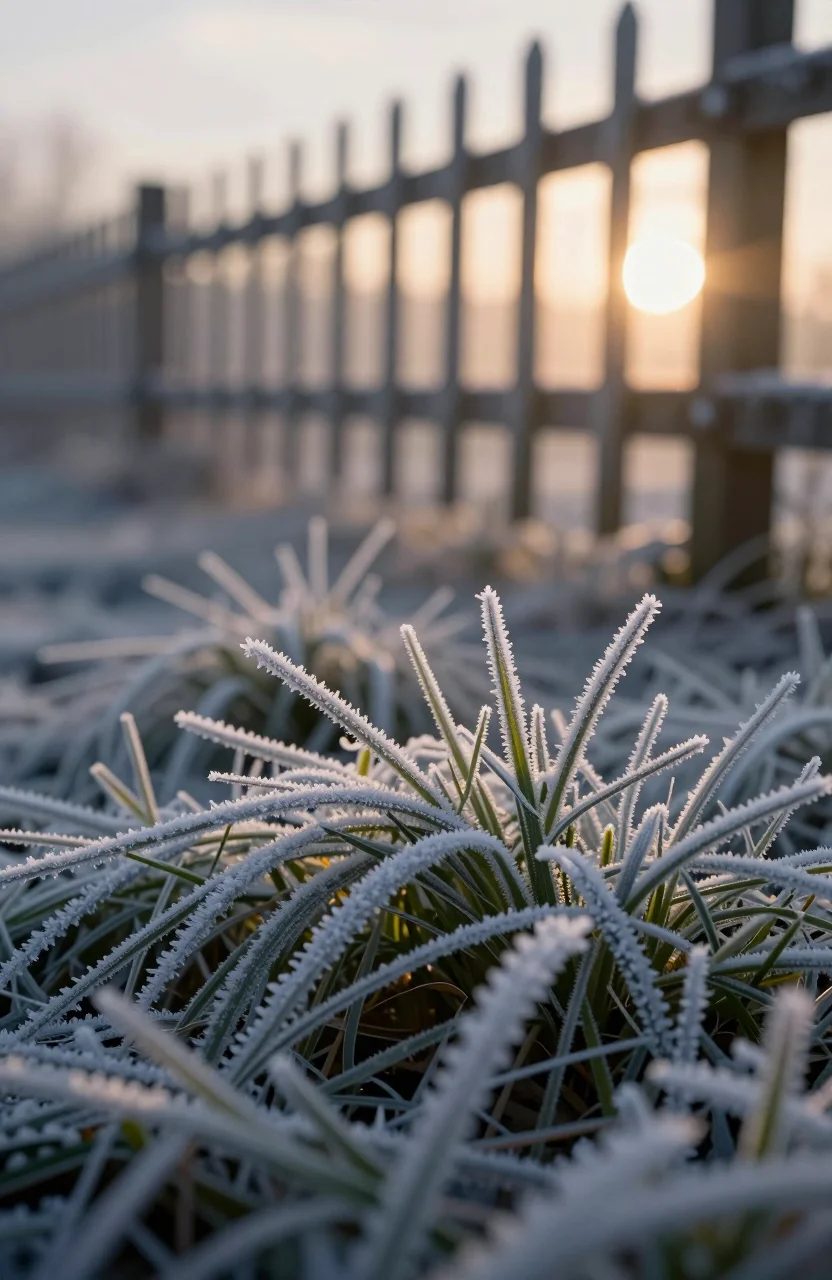 Pelouse couverte de givre blanc au lever du soleil en hiver