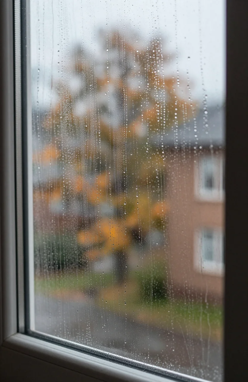 Fenêtre d'intérieur avec condensation matinale et lumière d'automne douce