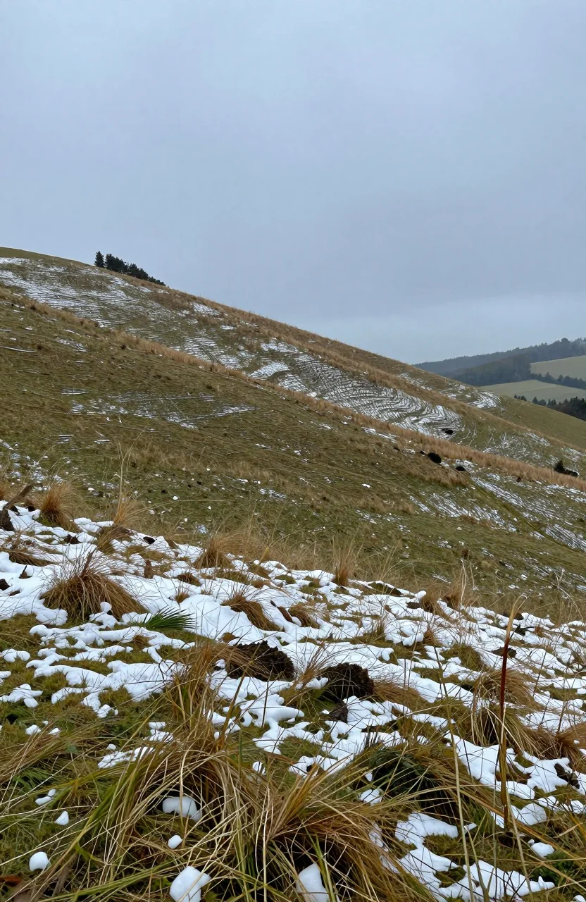 Paysage de moyenne altitude avec averse mixte pluie et neige sous un ciel gris