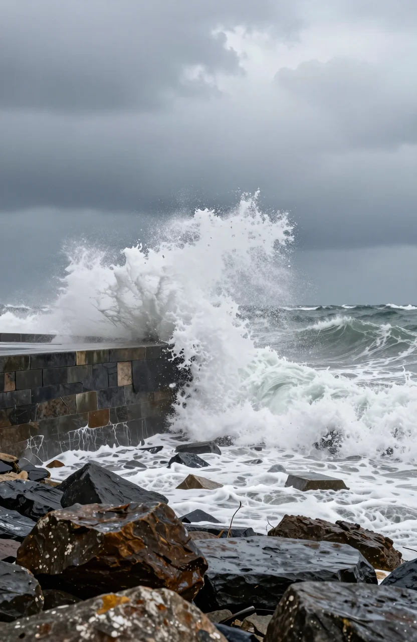 Vagues de tempete contre une digue au bord du littoral sous ciel charge