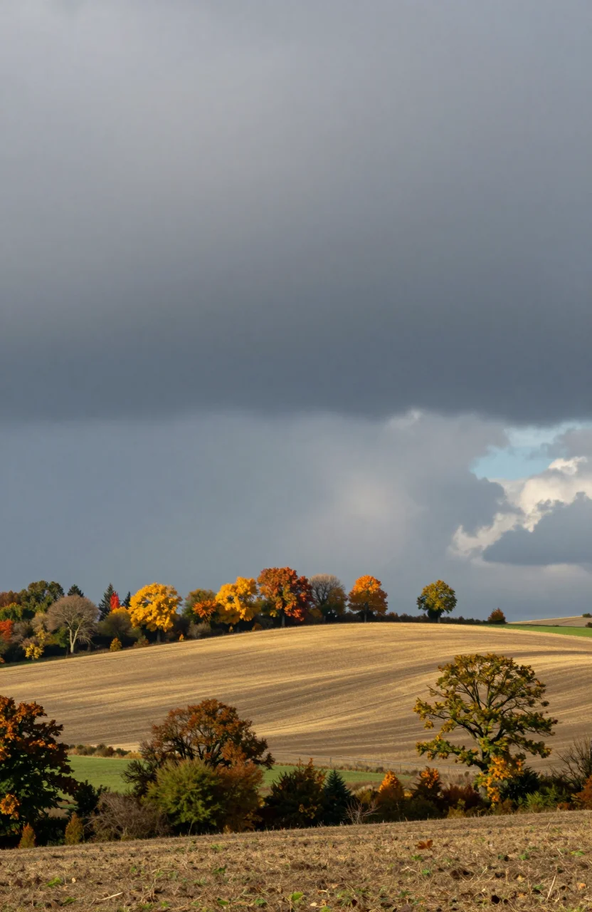 Ciel automnal avec front nuageux au-dessus d'un paysage rural français