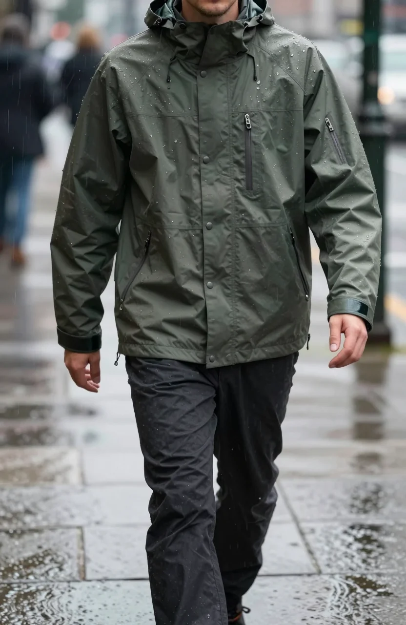 Personne en veste impermeable marchant sous une averse en ville