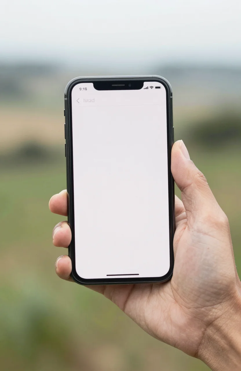 Smartphone affichant la géolocalisation météo près d'un paysage rural
