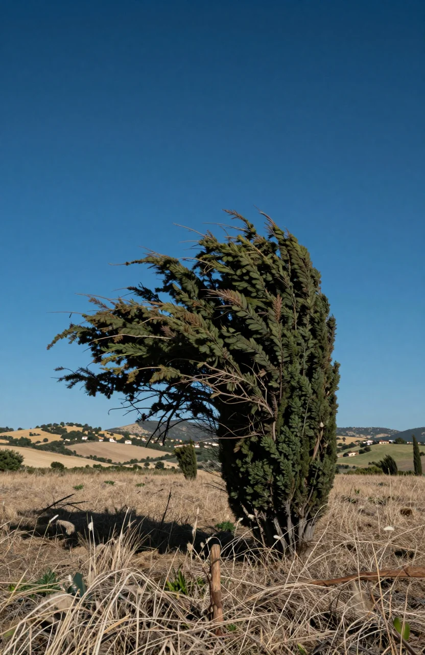 Ciel très bleu au-dessus d'un paysage provençal balayé par le vent