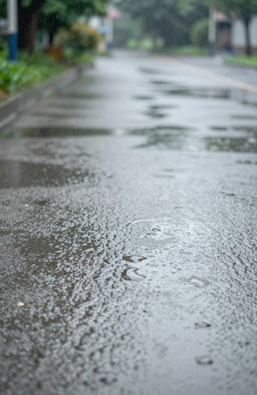 Flaque d’eau sur un sol pavé après la pluie sous une lumière douce