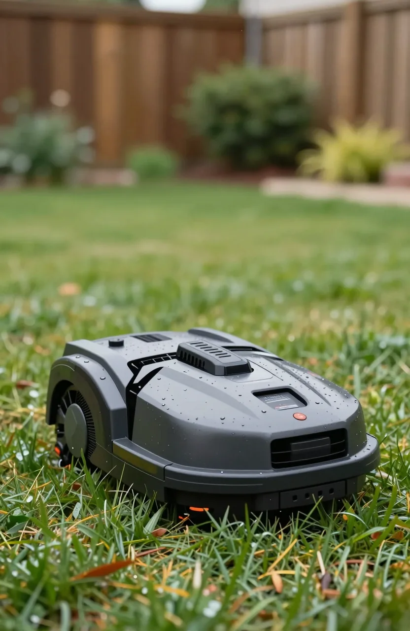 Robot tondeuse sur pelouse verte apres averse sous ciel clair