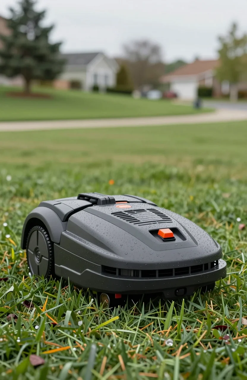 Robot tondeuse sur une pelouse verte sous un ciel nuageux de printemps