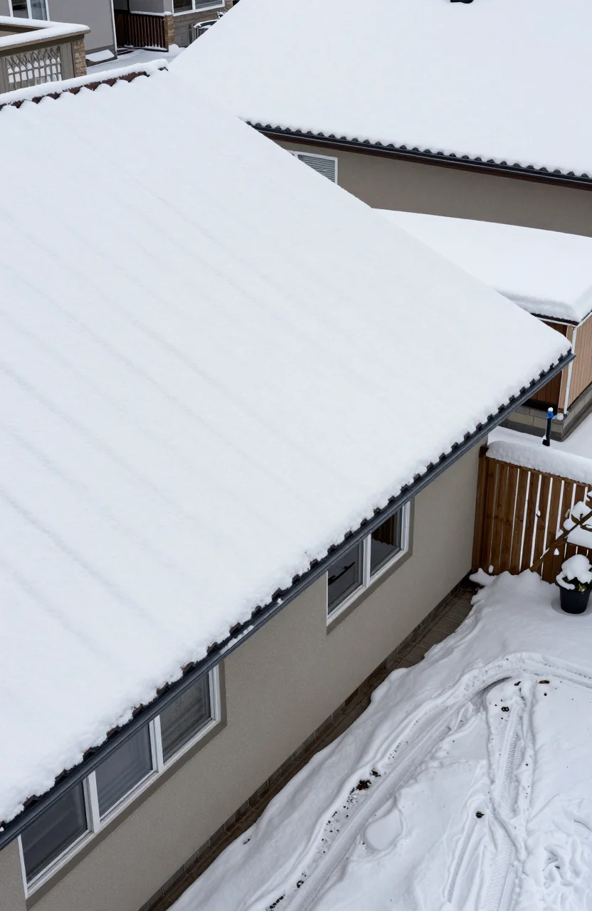 Toiture et allée de maison sous une neige fraîche en hiver