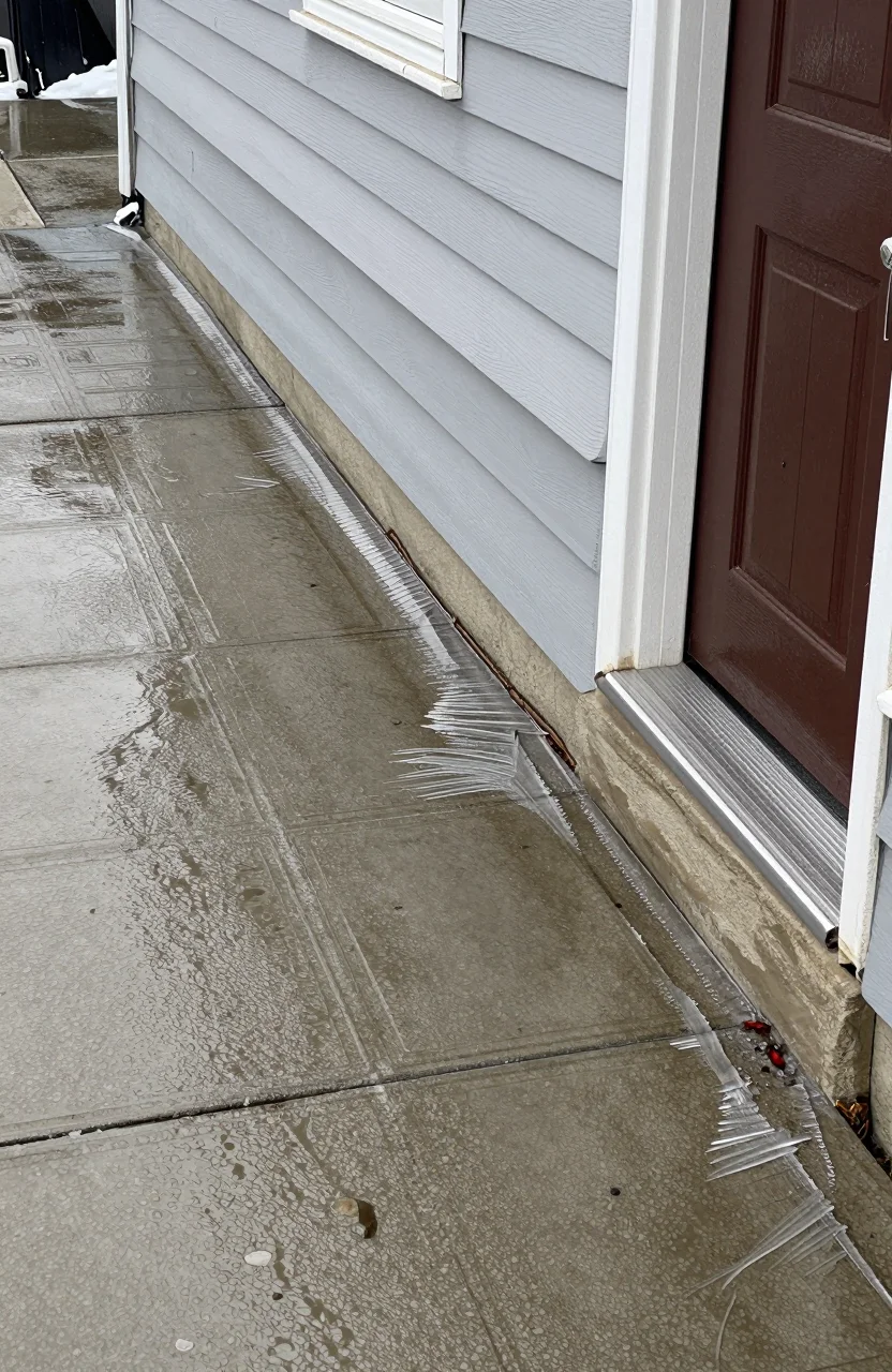 Trottoir brillant sous une fine pluie d'hiver près d'un seuil de maison