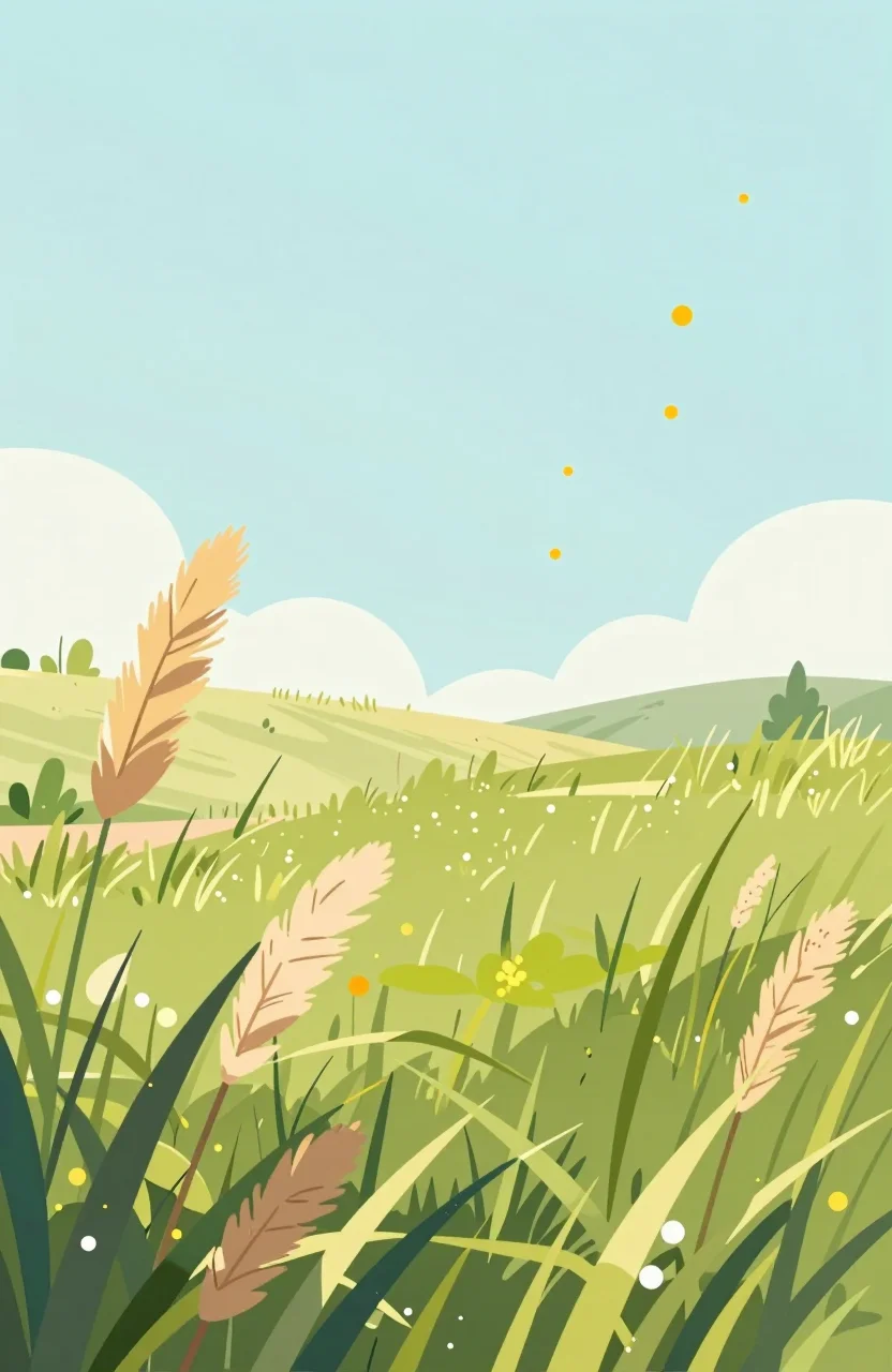 Paysage printanier ensoleillé avec herbes hautes et pollen dans l'air