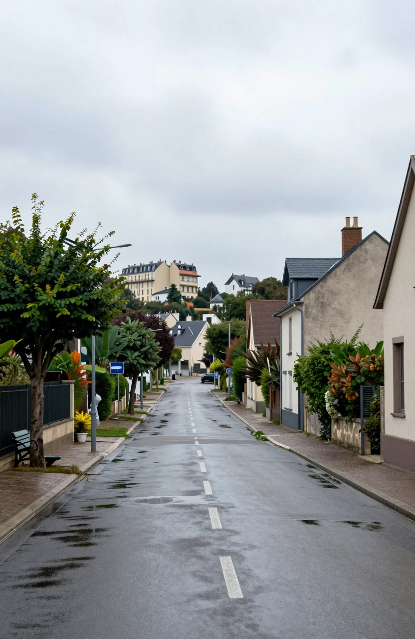 Rue résidentielle et skyline urbaine sous un même ciel nuageux