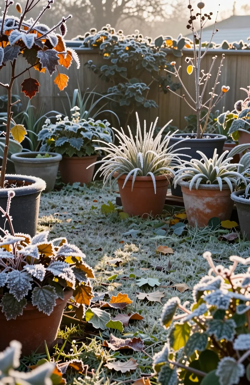 Jardin couvert de gelée blanche au petit matin d'automne